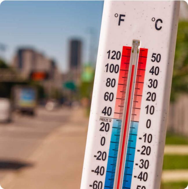 A close-up of an outdoor thermometer showing a high temperature, with a blurred city background.